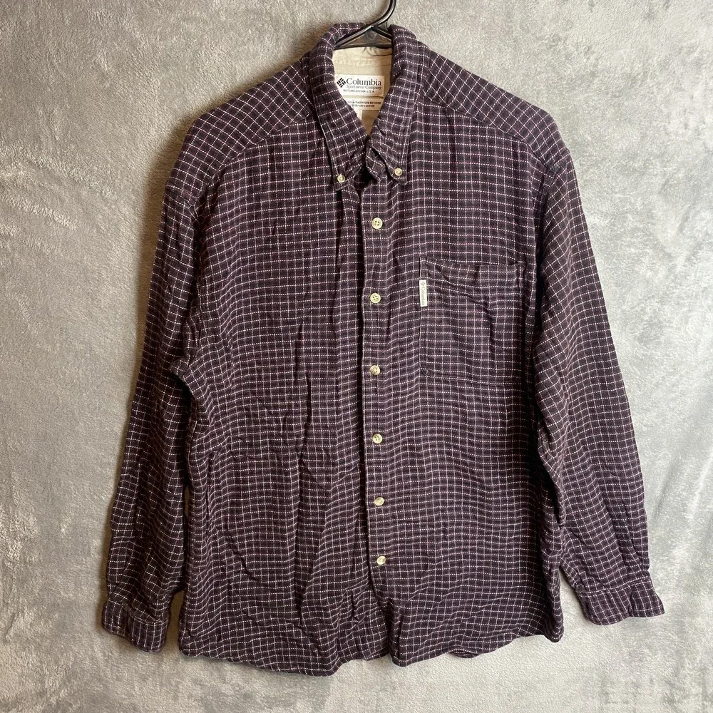 Columbia Mens Large Plaid Button-Down Shirt Purple 100% Cotton